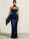Sheath Column Wedding Guest Dresses Long Prom Corset Ruched Dress Floor-Length Long Satin Evening Dress With Detachable Scarf