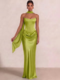 Sheath Column Wedding Guest Dresses Long Prom Corset Ruched Dress Floor-Length Long Satin Evening Dress With Detachable Scarf