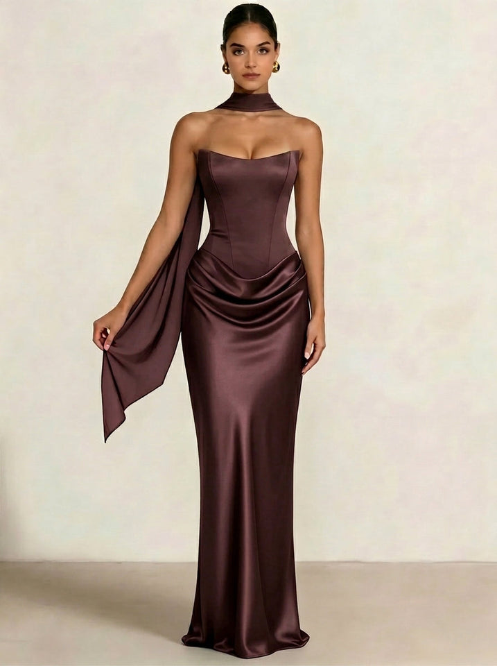 Sheath Column Wedding Guest Dresses Long Prom Corset Ruched Dress Floor-Length Long Satin Evening Dress With Detachable Scarf