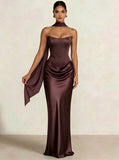 Sheath Column Wedding Guest Dresses Long Prom Corset Ruched Dress Floor-Length Long Satin Evening Dress With Detachable Scarf