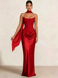 Sheath Column Wedding Guest Dresses Long Prom Corset Ruched Dress Floor-Length Long Satin Evening Dress With Detachable Scarf