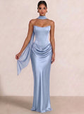 Sheath Column Wedding Guest Dresses Long Prom Corset Ruched Dress Floor-Length Long Satin Evening Dress With Detachable Scarf