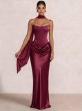 Sheath Column Wedding Guest Dresses Long Prom Corset Ruched Dress Floor-Length Long Satin Evening Dress With Detachable Scarf