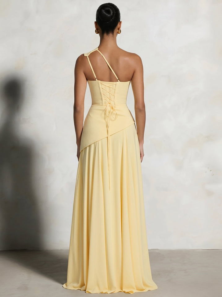 A Line/Princesses Prom Dresses Ruched Chiffon One Shoulder Floor-Length Formal Dress Wedding Guest
