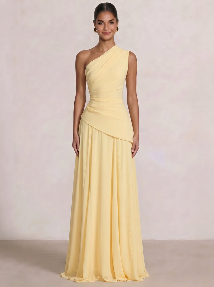 A Line/Princesses Prom Dresses Ruched Chiffon One Shoulder Floor-Length Formal Dress Wedding Guest