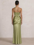 Mermaid Formal Dresses One Shoulder Olive Green Slevees Floor-Length Wedding Guest Dresses Ruched Maxi Dresses