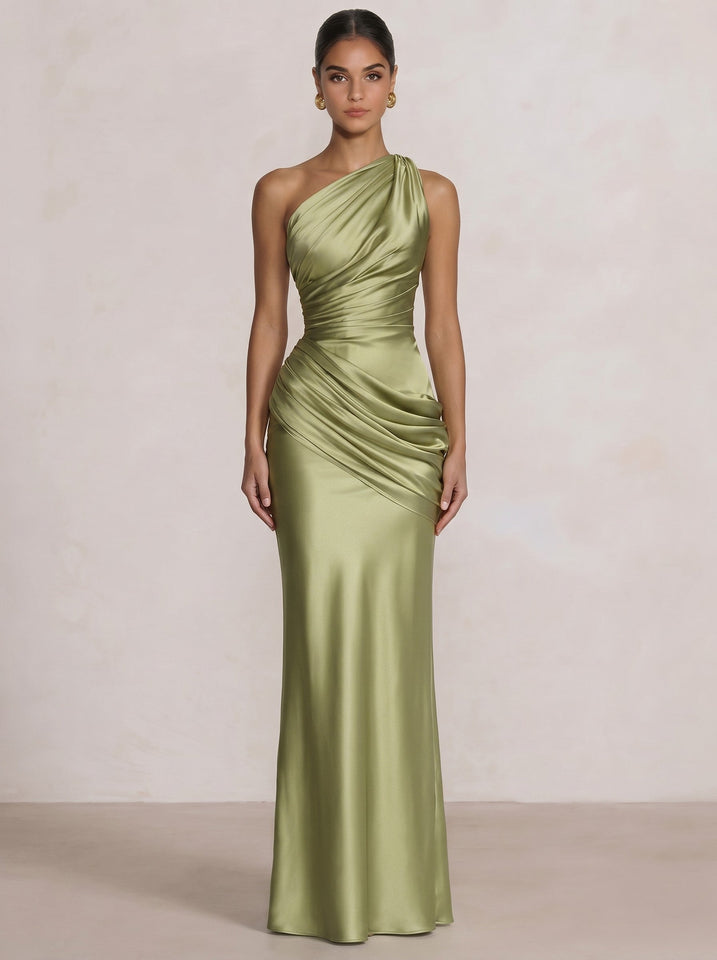 Mermaid Formal Dresses One Shoulder Olive Green Slevees Floor-Length Wedding Guest Dresses Ruched Maxi Dresses