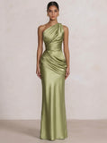 Mermaid Formal Dresses One Shoulder Olive Green Slevees Floor-Length Wedding Guest Dresses Ruched Maxi Dresses