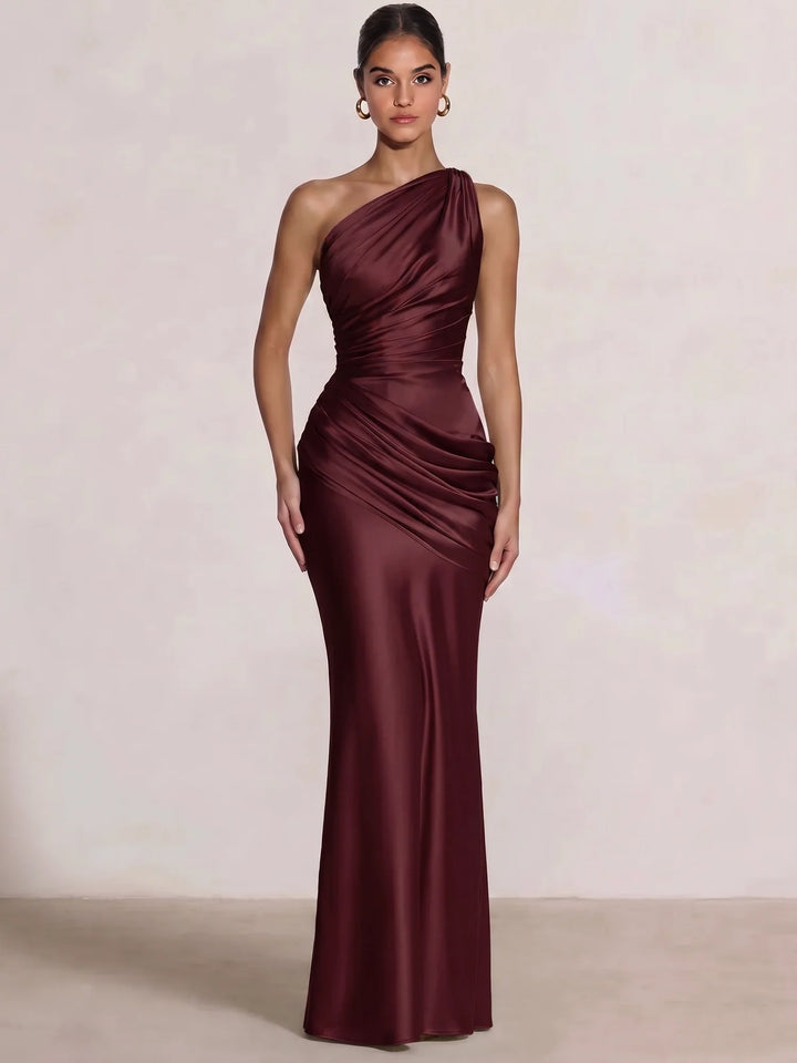 Mermaid Formal Dresses One Shoulder Olive Green Slevees Floor-Length Wedding Guest Dresses Ruched Maxi Dresses