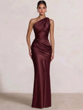 Mermaid Formal Dresses One Shoulder Olive Green Slevees Floor-Length Wedding Guest Dresses Ruched Maxi Dresses