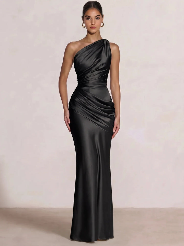 Mermaid Formal Dresses One Shoulder Olive Green Slevees Floor-Length Wedding Guest Dresses Ruched Maxi Dresses