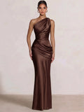 Mermaid Formal Dresses One Shoulder Olive Green Slevees Floor-Length Wedding Guest Dresses Ruched Maxi Dresses
