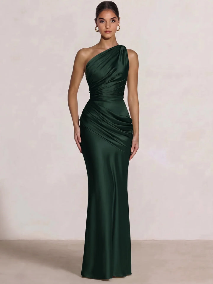 Mermaid Formal Dresses One Shoulder Olive Green Slevees Floor-Length Wedding Guest Dresses Ruched Maxi Dresses