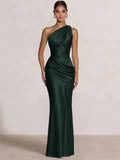 Mermaid Formal Dresses One Shoulder Olive Green Slevees Floor-Length Wedding Guest Dresses Ruched Maxi Dresses
