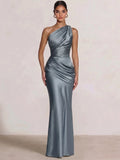 Mermaid Formal Dresses One Shoulder Olive Green Slevees Floor-Length Wedding Guest Dresses Ruched Maxi Dresses