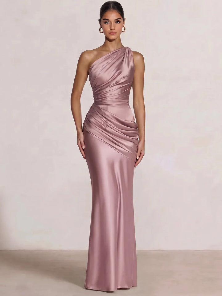 Mermaid Formal Dresses One Shoulder Olive Green Slevees Floor-Length Wedding Guest Dresses Ruched Maxi Dresses
