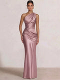 Mermaid Formal Dresses One Shoulder Olive Green Slevees Floor-Length Wedding Guest Dresses Ruched Maxi Dresses