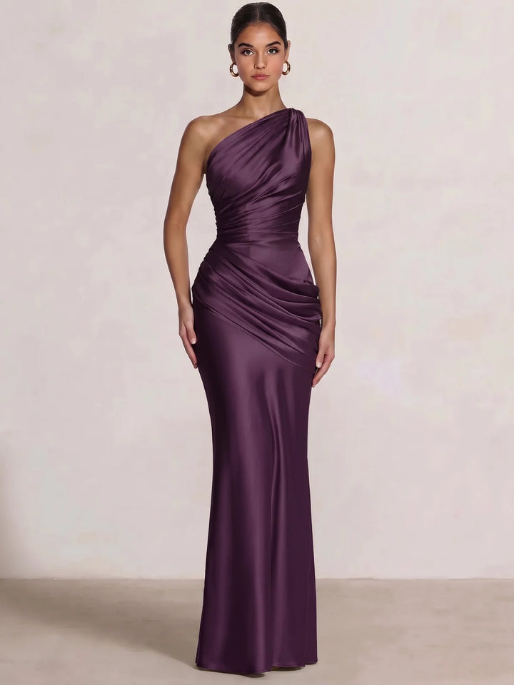 Mermaid Formal Dresses One Shoulder Olive Green Slevees Floor-Length Wedding Guest Dresses Ruched Maxi Dresses