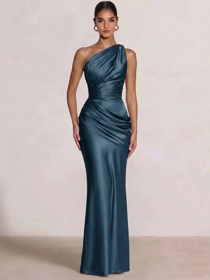 Mermaid Formal Dresses One Shoulder Olive Green Slevees Floor-Length Wedding Guest Dresses Ruched Maxi Dresses