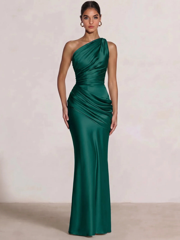 Mermaid Formal Dresses One Shoulder Olive Green Slevees Floor-Length Wedding Guest Dresses Ruched Maxi Dresses