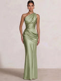 Mermaid Formal Dresses One Shoulder Olive Green Slevees Floor-Length Wedding Guest Dresses Ruched Maxi Dresses