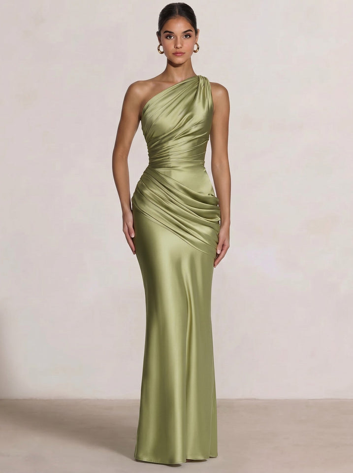 Mermaid Formal Dresses One Shoulder Olive Green Slevees Floor-Length Wedding Guest Dresses Ruched Maxi Dresses