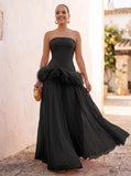A-Line/Princess Evening Dresses Chiffon Pleated Strapless Sleeveless Floor-Length Ruched Feather Formal Dresses