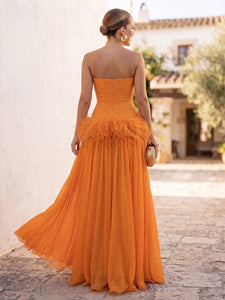 A-Line Pleated Chiffon Feather Formal Dress