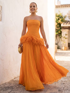 A-Line Pleated Chiffon Feather Formal Dress