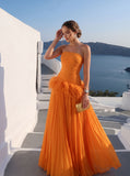 A-Line/Princess Evening Dresses Chiffon Pleated Strapless Sleeveless Floor-Length Ruched Feather Formal Dresses