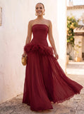 A-Line/Princess Evening Dresses Chiffon Pleated Strapless Sleeveless Floor-Length Ruched Feather Formal Dresses