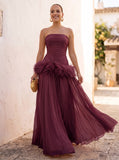 A-Line/Princess Evening Dresses Chiffon Pleated Strapless Sleeveless Floor-Length Ruched Feather Formal Dresses