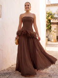A-Line/Princess Evening Dresses Chiffon Pleated Strapless Sleeveless Floor-Length Ruched Feather Formal Dresses