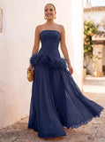 A-Line/Princess Evening Dresses Chiffon Pleated Strapless Sleeveless Floor-Length Ruched Feather Formal Dresses
