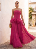 A-Line/Princess Evening Dresses Chiffon Pleated Strapless Sleeveless Floor-Length Ruched Feather Formal Dresses