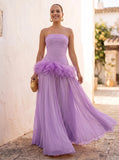 A-Line/Princess Evening Dresses Chiffon Pleated Strapless Sleeveless Floor-Length Ruched Feather Formal Dresses