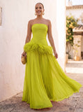A-Line/Princess Evening Dresses Chiffon Pleated Strapless Sleeveless Floor-Length Ruched Feather Formal Dresses