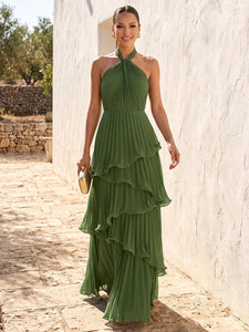 A-Line Chiffon Halter Ruffle Formal Dress