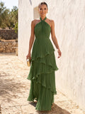 A-Line/Princess Evening Dresses Chiffon Halter Sleeveless Floor-Length Pleated Layered Ruffles Formal Dresses