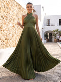 A-Line/Princess Evening Dresses Chiffon Satin Halter Sleeveless Floor-Length Pleated Formal Dresses Zipper