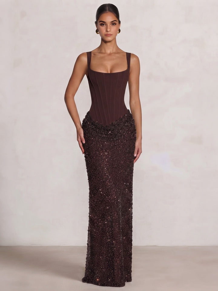 Sheath/Column Evening Dresses Square Neck Sleeveless Spaghetti Strap Floor-Length Sequins Lace-Up Formal Wedding Guest Dresses