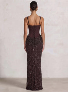 Sheath/Column Evening Dresses Square Neck Sleeveless Spaghetti Strap Floor-Length Sequins Lace-Up Formal Wedding Guest Dresses