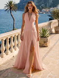 A Line/Princesses Evening Dresses Pleated Grecian Style Chiffon Halter Neck Floor-Length Formal Dress Wedding Guest Summer Dress With High Slit