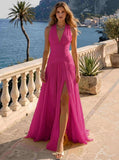 A Line/Princesses Evening Dresses Pleated Grecian Style Chiffon Halter Neck Floor-Length Formal Dress Wedding Guest Summer Dress With High Slit