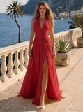 A Line/Princesses Evening Dresses Pleated Grecian Style Chiffon Halter Neck Floor-Length Formal Dress Wedding Guest Summer Dress With High Slit