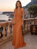 Sheath/Column Evening Dresses Chiffon Halter Sleeveless Floor-Length Ruched  Summer  Wedding Guest Dresses