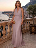 Sheath/Column Evening Dresses Chiffon Halter Sleeveless Floor-Length Ruched  Summer  Wedding Guest Dresses