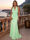 Sheath/Column Evening Dresses Chiffon Halter Sleeveless Floor-Length Ruched  Summer  Wedding Guest Dresses