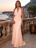 Sheath/Column Evening Dresses Chiffon Halter Sleeveless Floor-Length Ruched  Summer  Wedding Guest Dresses