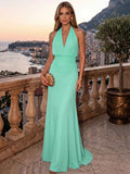 Sheath/Column Evening Dresses Chiffon Halter Sleeveless Floor-Length Ruched  Summer  Wedding Guest Dresses